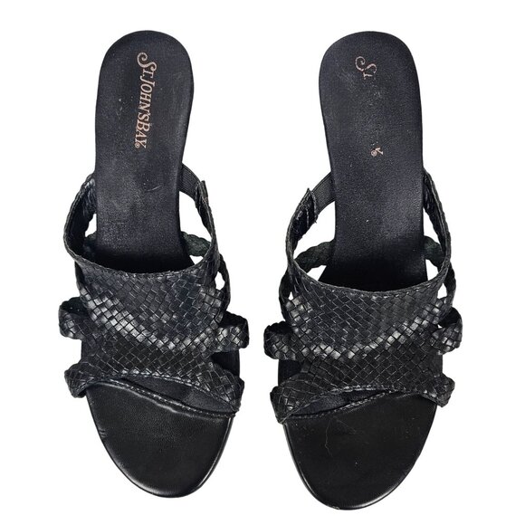 Womens 8.5 Black Leather Open Toe Chunky Heel Slip-on Work Business Casual Comfy - Picture 11 of 15